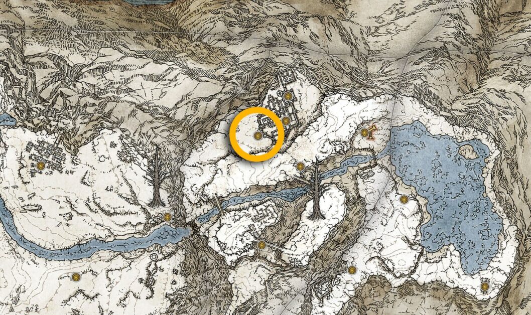 Posizione sulla mappa del Mausoleo ambulante delle cime delle montagne nell'Elden Ring