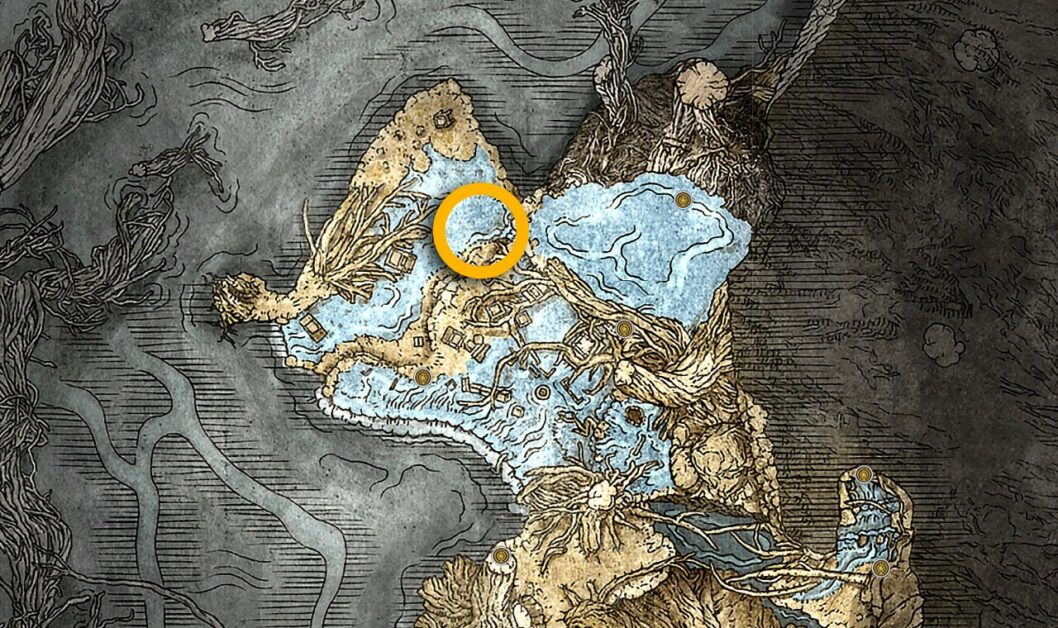 Posizione sulla mappa del Mausoleo ambulante delle Profondità di Deeproot nell'Elden Ring
