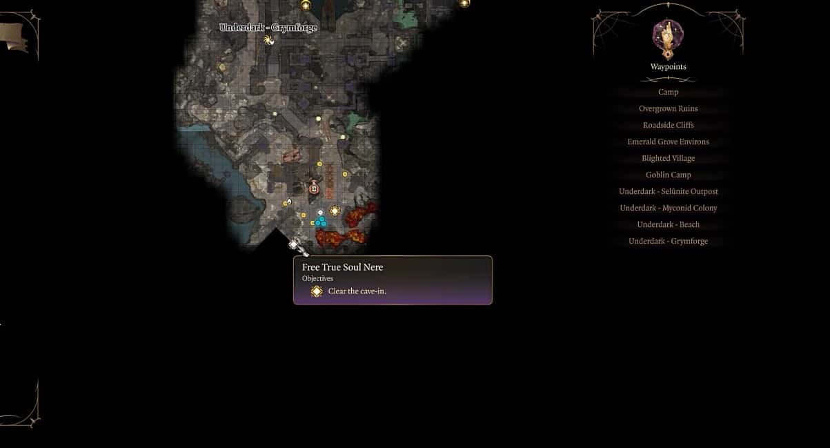 La posizione sulla mappa di True Soul Nere in Baldur's Gate 3.