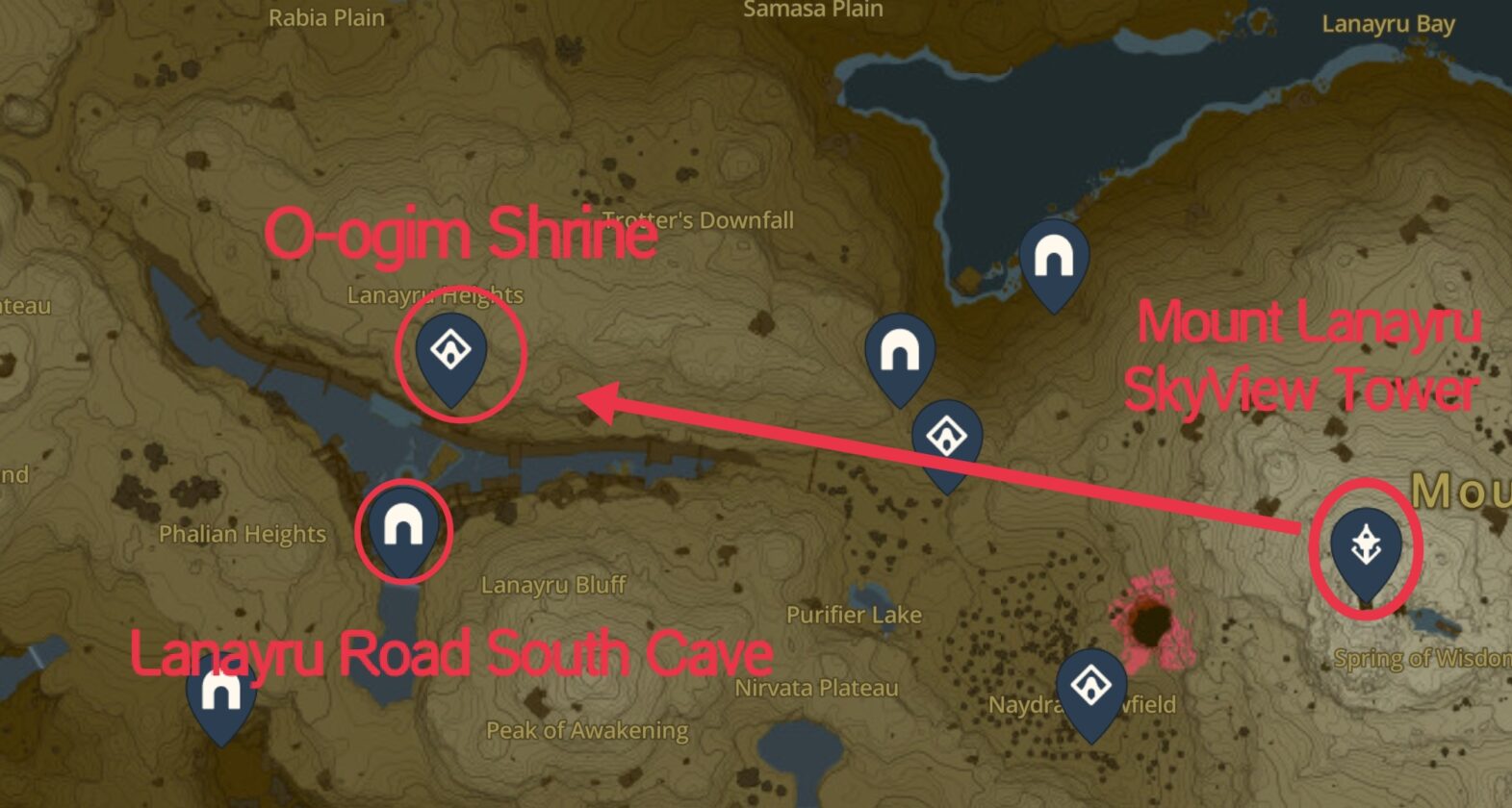 Mappa di Hyrule Indica il percorso dalla Torre Skyview del Monte Lanayru al Santuario di O-Ogim