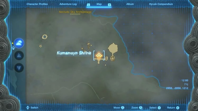 Mappa del cielo di Hyrule in Tears of the Kingdom che indica il santuario di Kumamayn.