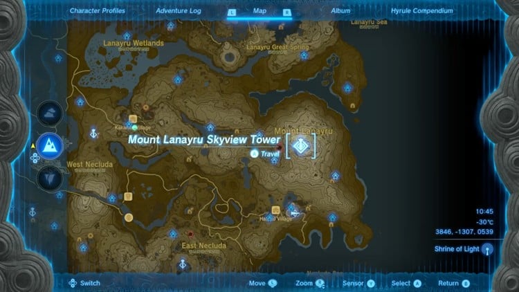 Mappa di Hyrule che indica la Torre Skyview del Monte Lanayru