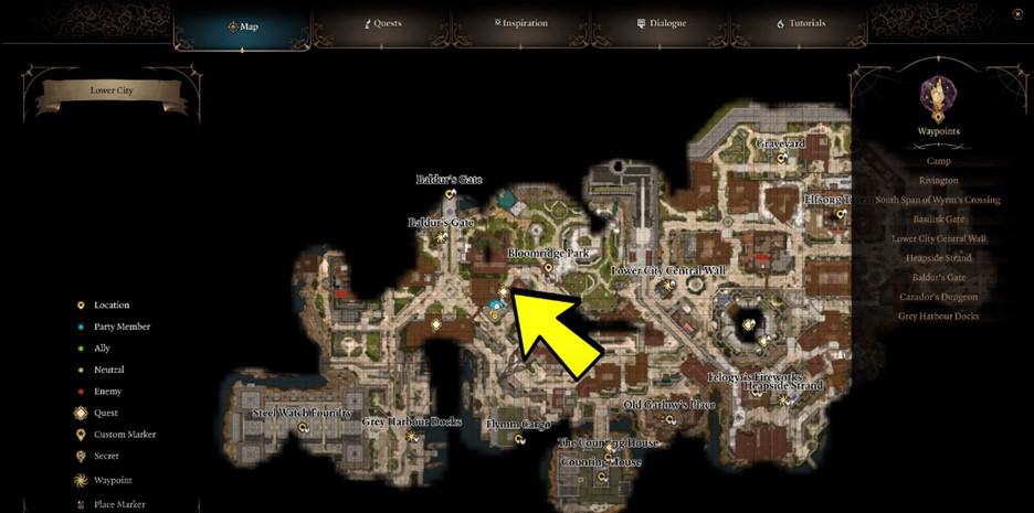 Posizione sulla mappa per entrare nella città bassa in Baldur's Gate 3 