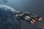 Starfield: un'astronave diretta verso un pianeta dall'aspetto oscuro.