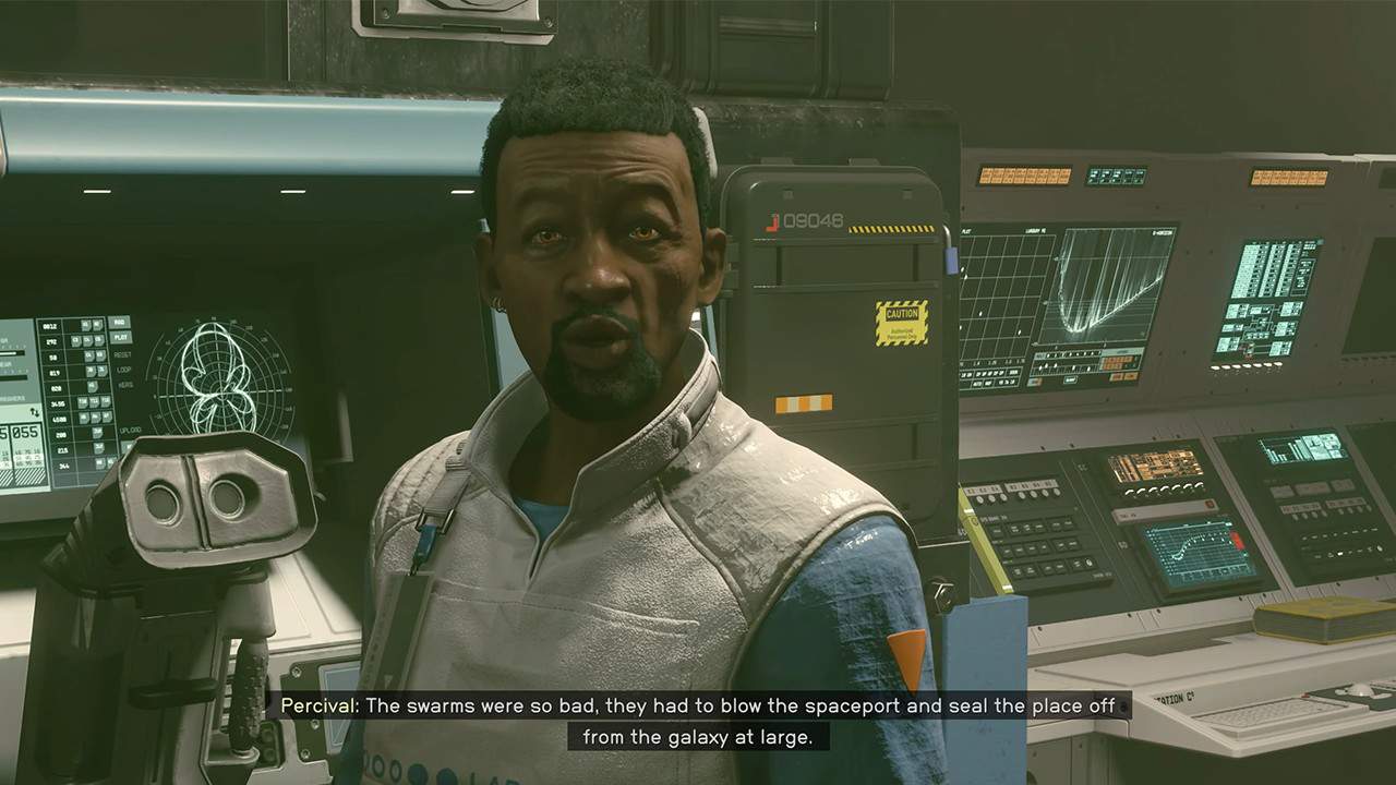 Ascolta Hadrian e Percival parlare per terminare la missione Delivering Devils a Starfield.