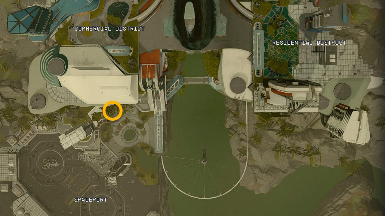 La posizione sulla mappa di Starfield Jemison Mercantile a Nuova Atlantide. 