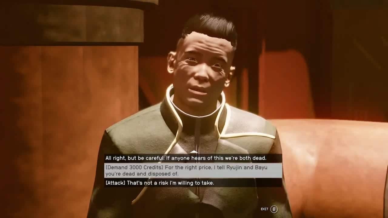 Estorcere denaro extra a Tomo per avergli risparmiato la vita a Starfield. 