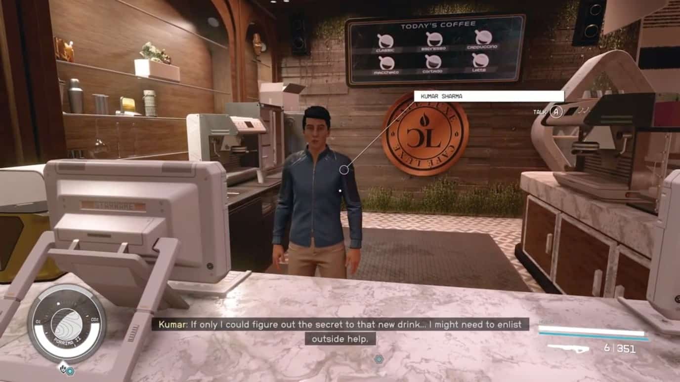Incontra il barista Kumar che vuole creare un nuovo drink a Starfield. 