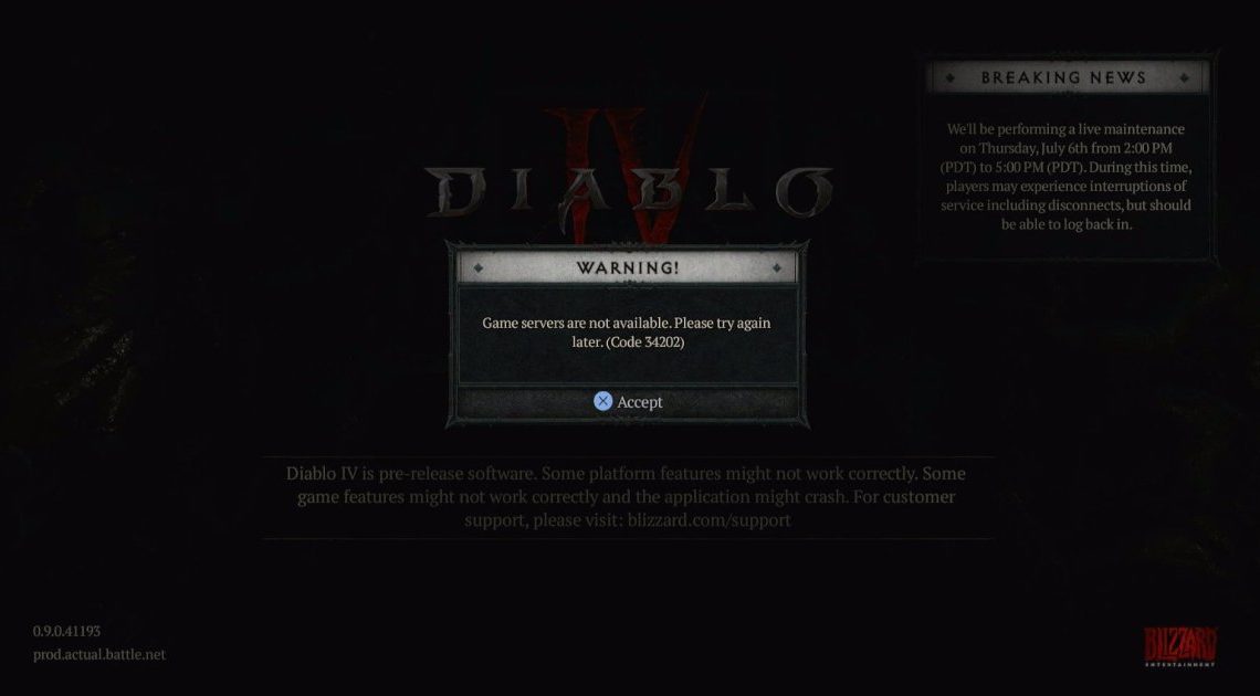 Diablo 4 Codice errore 34202 Bug: come risolvere il messaggio "I server di gioco non sono disponibili".