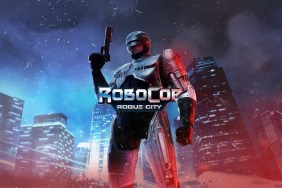 Rogue City: RoboCop posa di fronte a una città di notte.