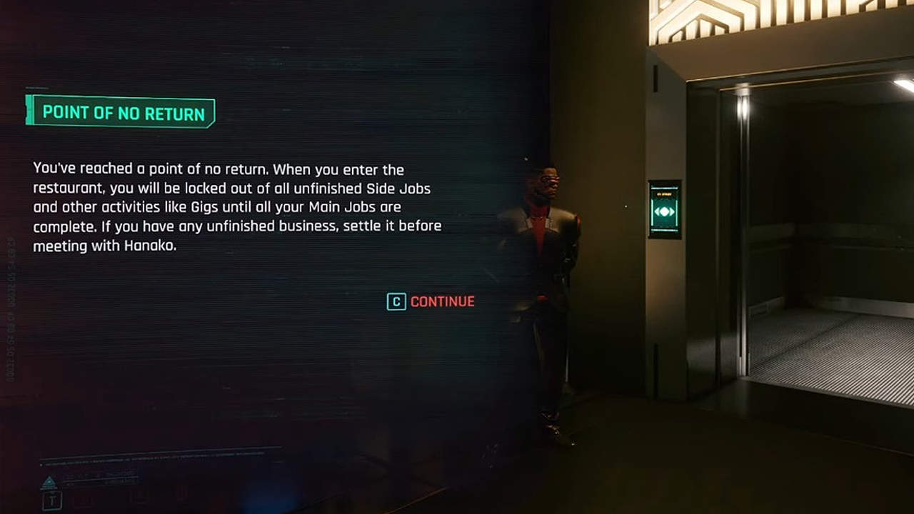 Vedrai un avviso di punto di non ritorno appena prima degli ascensori del club Embers in Cyberpunk 2077.