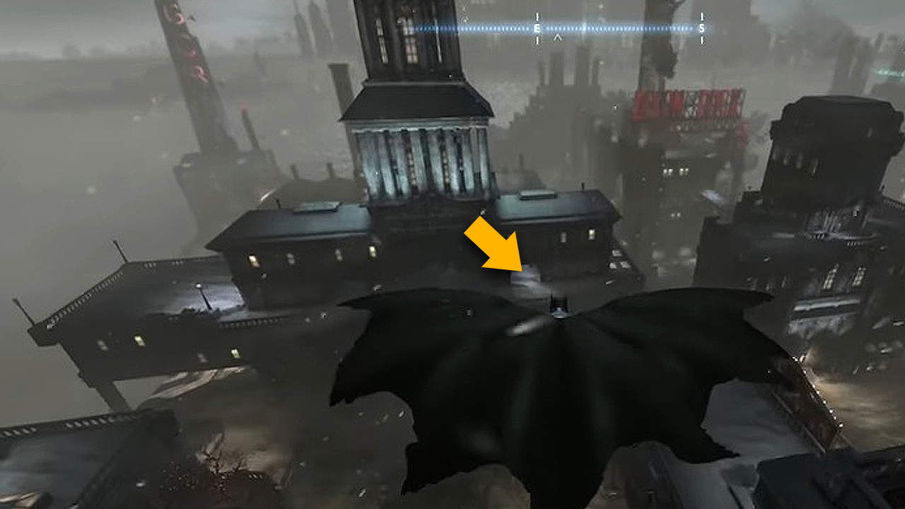 Puoi avvicinarti a questa targa da entrambe le estremità dell'alto edificio a pilastri in Batman: Arkham Origins.  