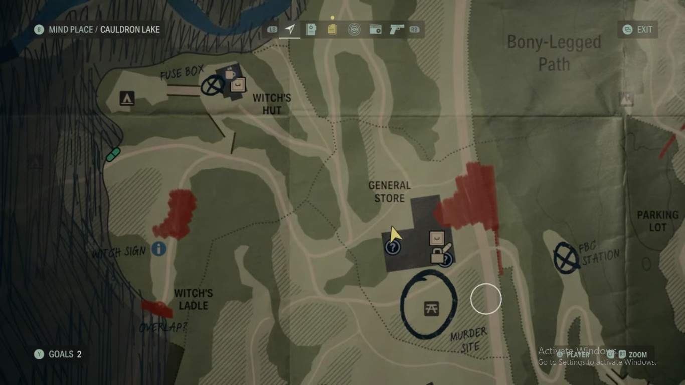 La posizione sulla mappa dell'emporio in Alan Wake 2. 