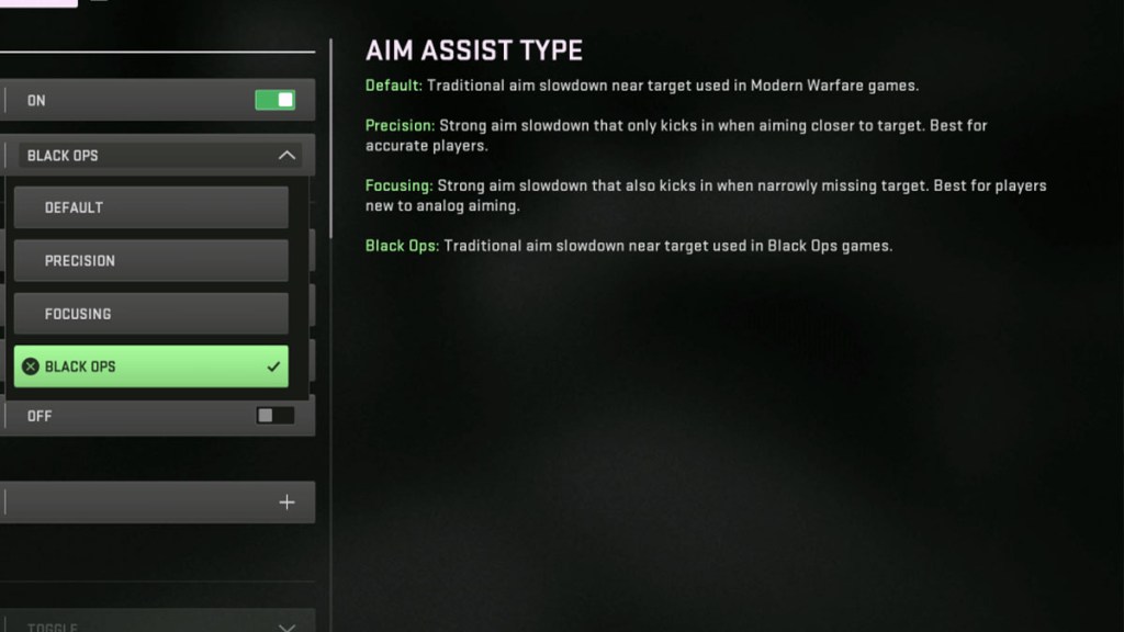 Impostazioni del menu Aim Assist di MW3 Modern Warfare 3