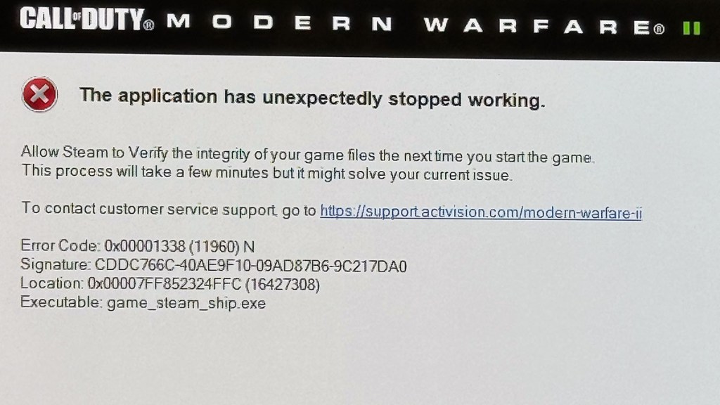 Modern Warfare 3 Questa applicazione ha smesso inaspettatamente di funzionare Messaggio di errore