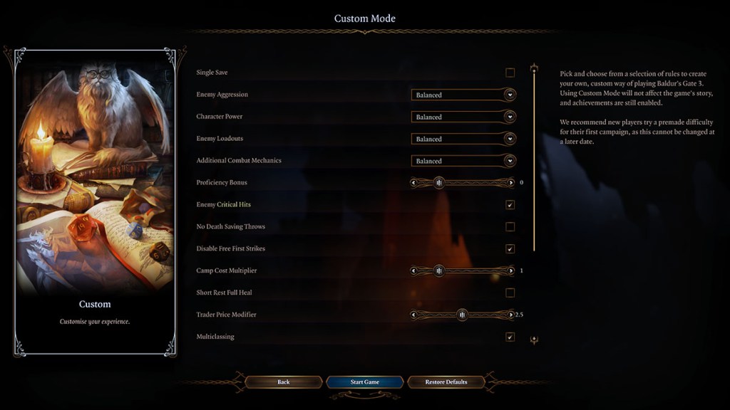 Elenco delle opzioni della modalità personalizzata di Baldurs Gate 3