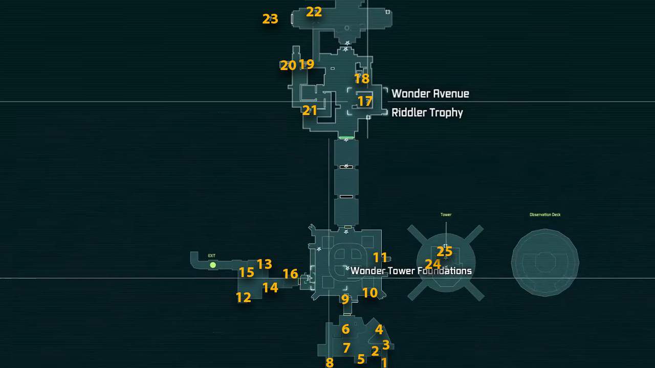 Le posizioni sulla mappa di tutti i trofei dell'Enigmista a Wonder City. 