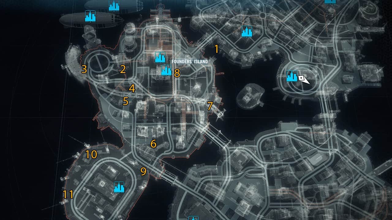 Le posizioni sulla mappa di tutti gli oggetti fragili sull'Isola dei Fondatori in Batman: Arkham Knight.