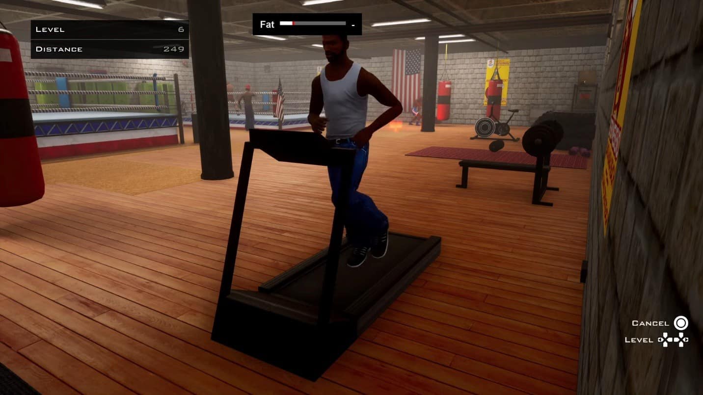 CJ corre sul tapis roulant in preparazione all'allenamento sugli stili di combattimento in GTA San Andreas
