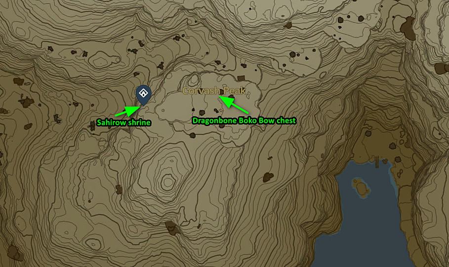 La posizione sulla mappa del Dragonbone Boko Bow in Zelda: Tears of the Kingdom. 