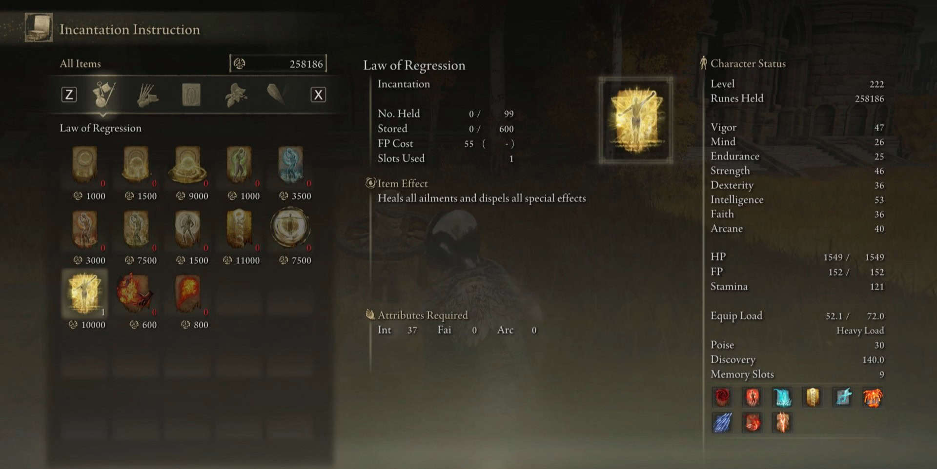 legge d'acquisto dell'incantesimo di regressione