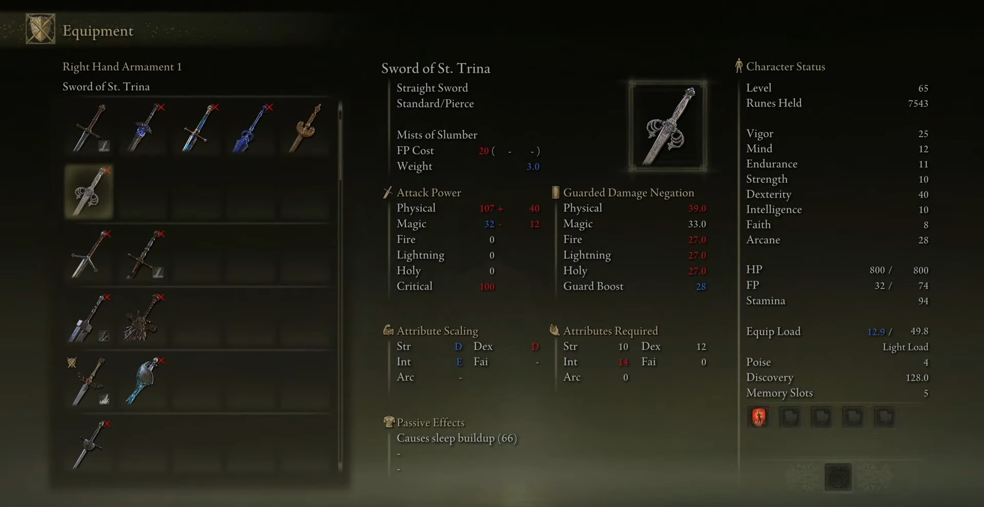 statistiche della spada di santa trina