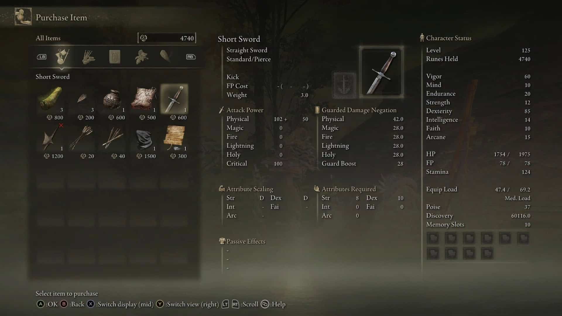 Statistiche della spada corta Elden Ring