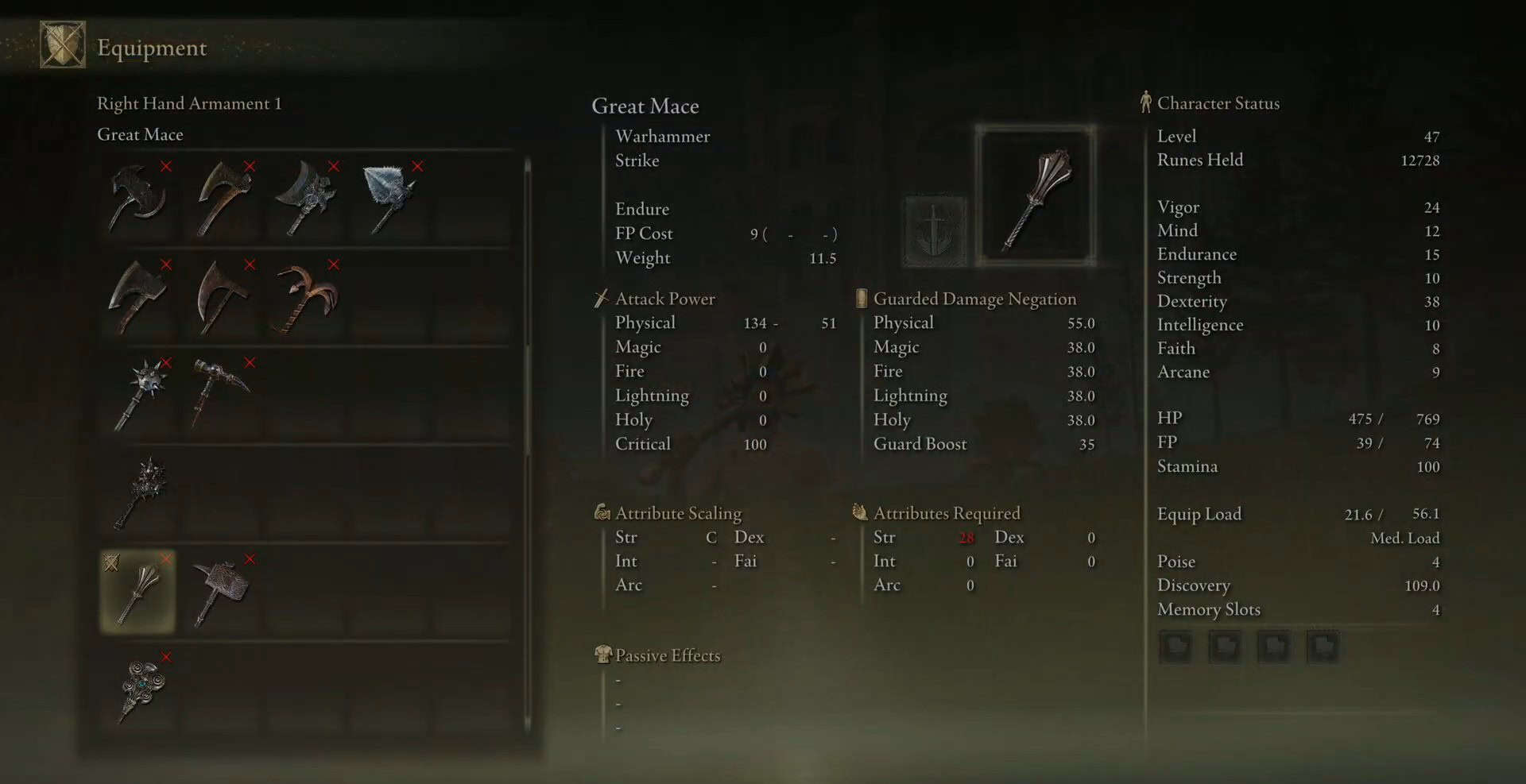 Anello Elden con statistiche della Grande Mazza