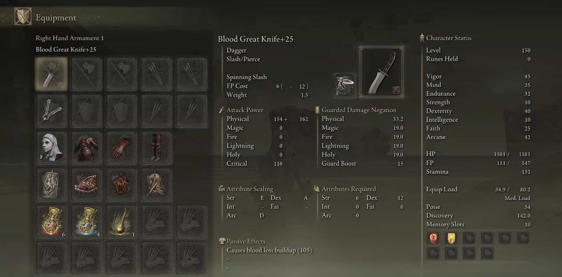 Anello Elden con statistiche del Grande Coltello