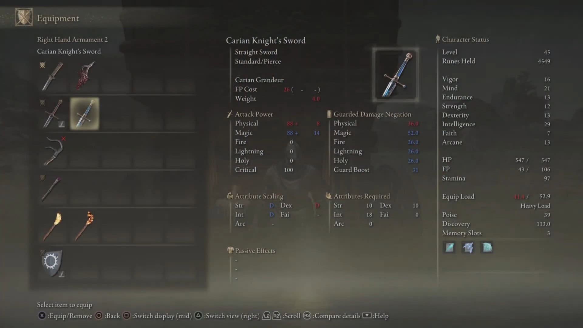 Statistiche della spada di Carian Knight