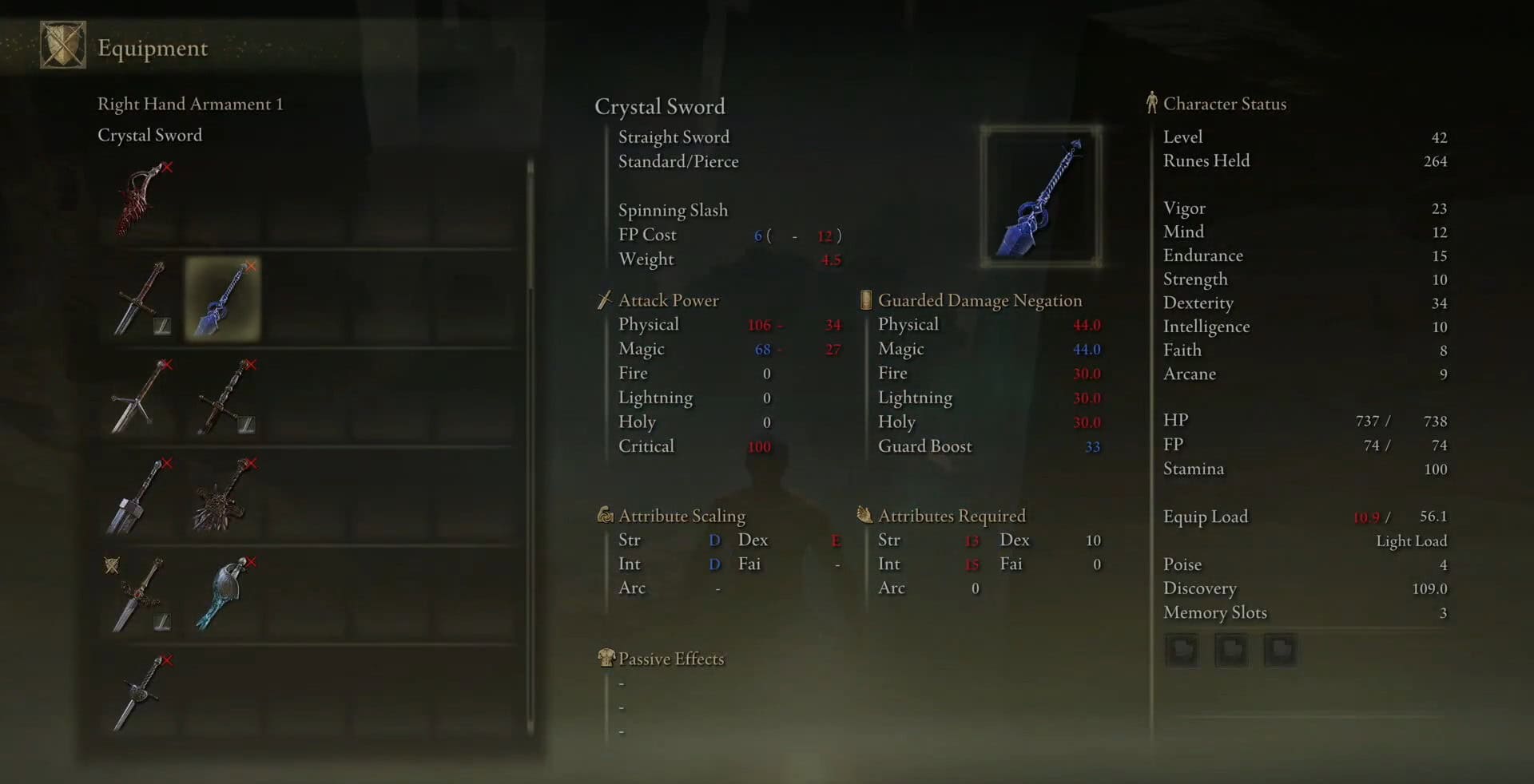 Anello elden con statistiche della spada di cristallo