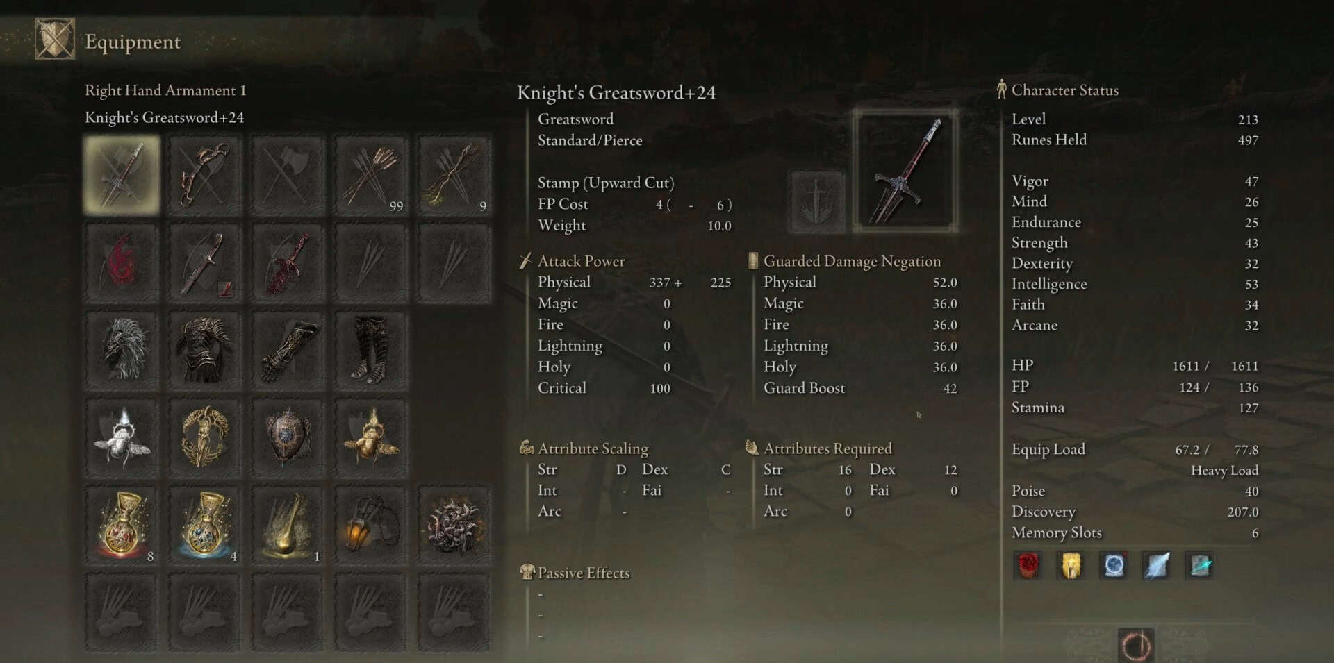 Statistiche dello spadone del cavaliere