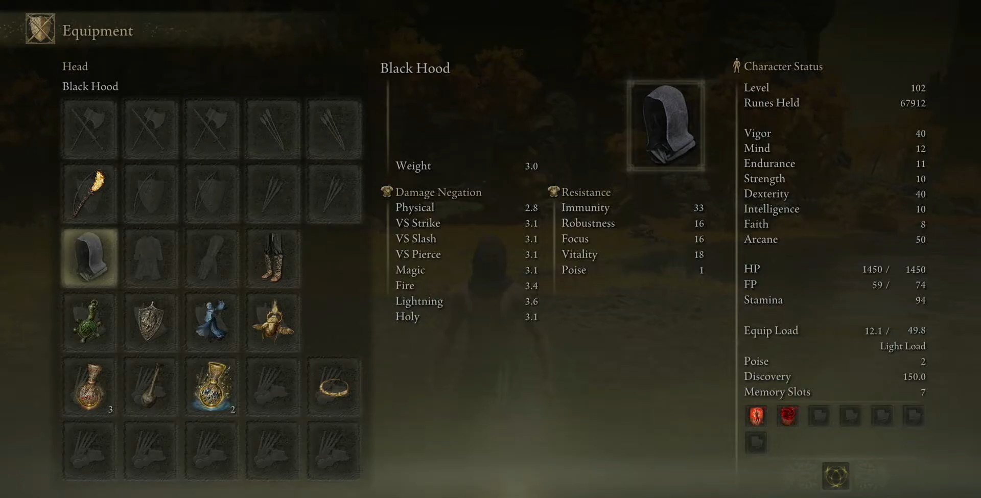 anello elden con statistiche del cappuccio nero