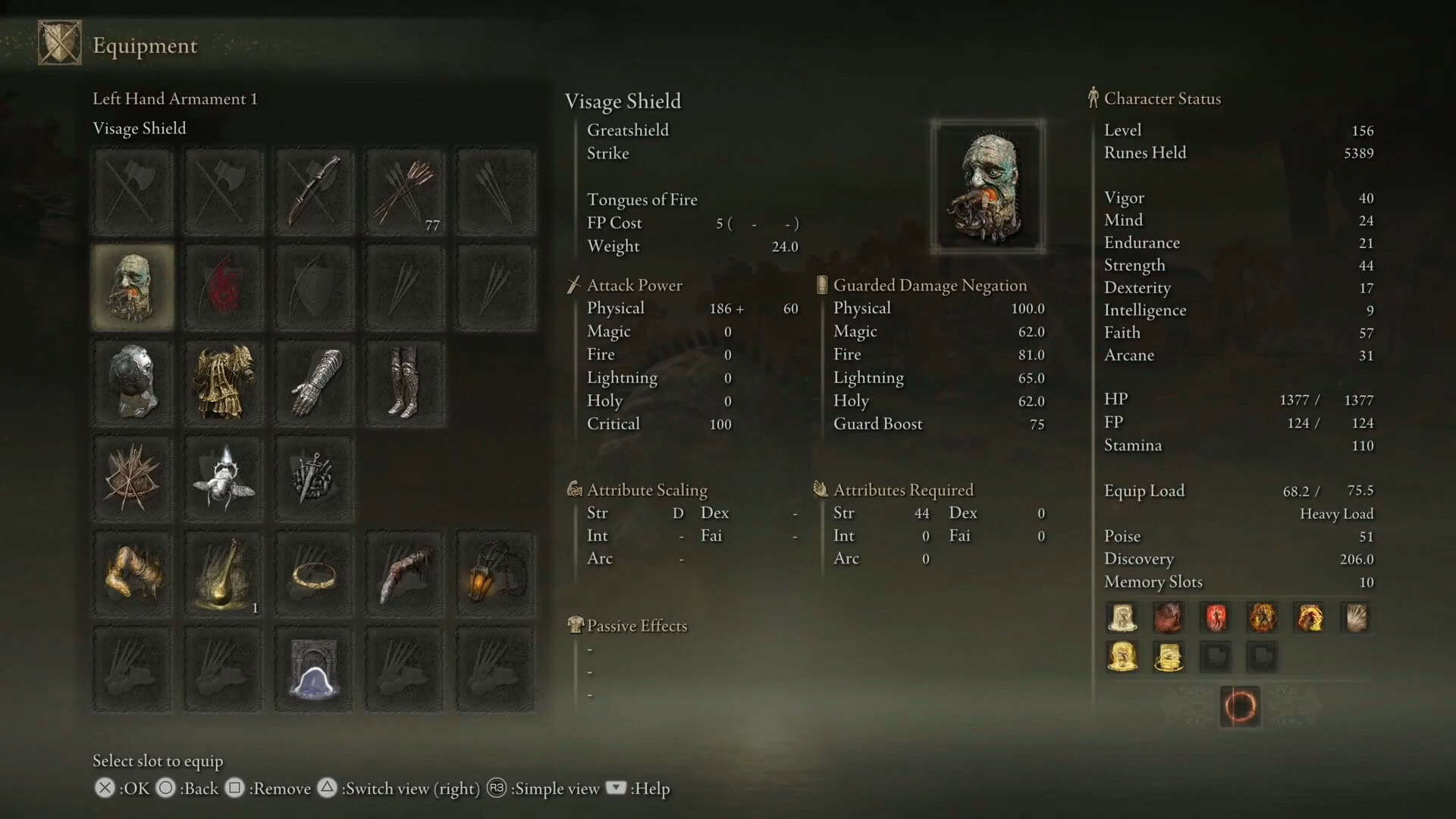 Visage Shield statistiche anello elden