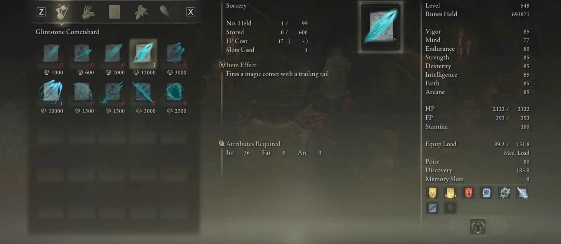 Statistica Scheggia cometa di Glintstone