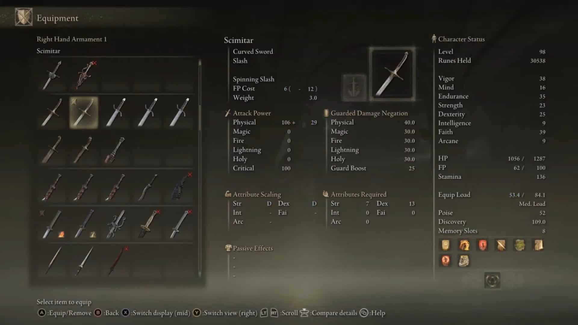 Anello elden con statistiche della scimitarra