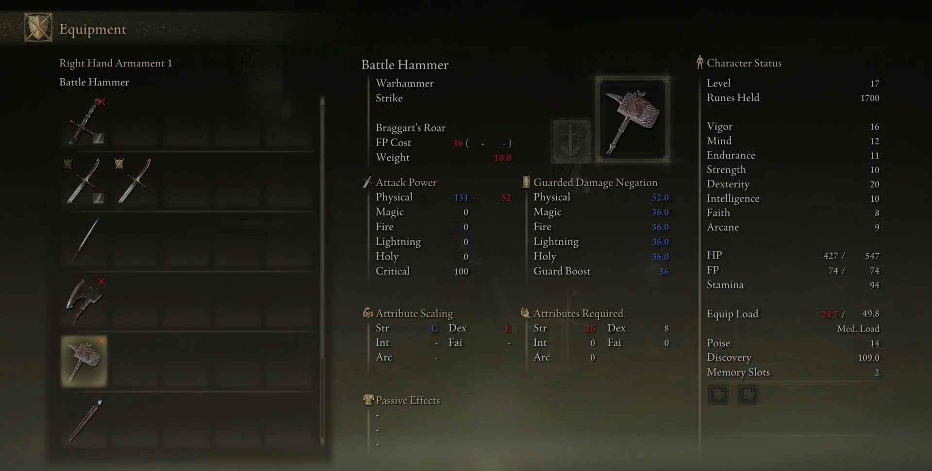 Anello Elden con statistiche Battle Hammer