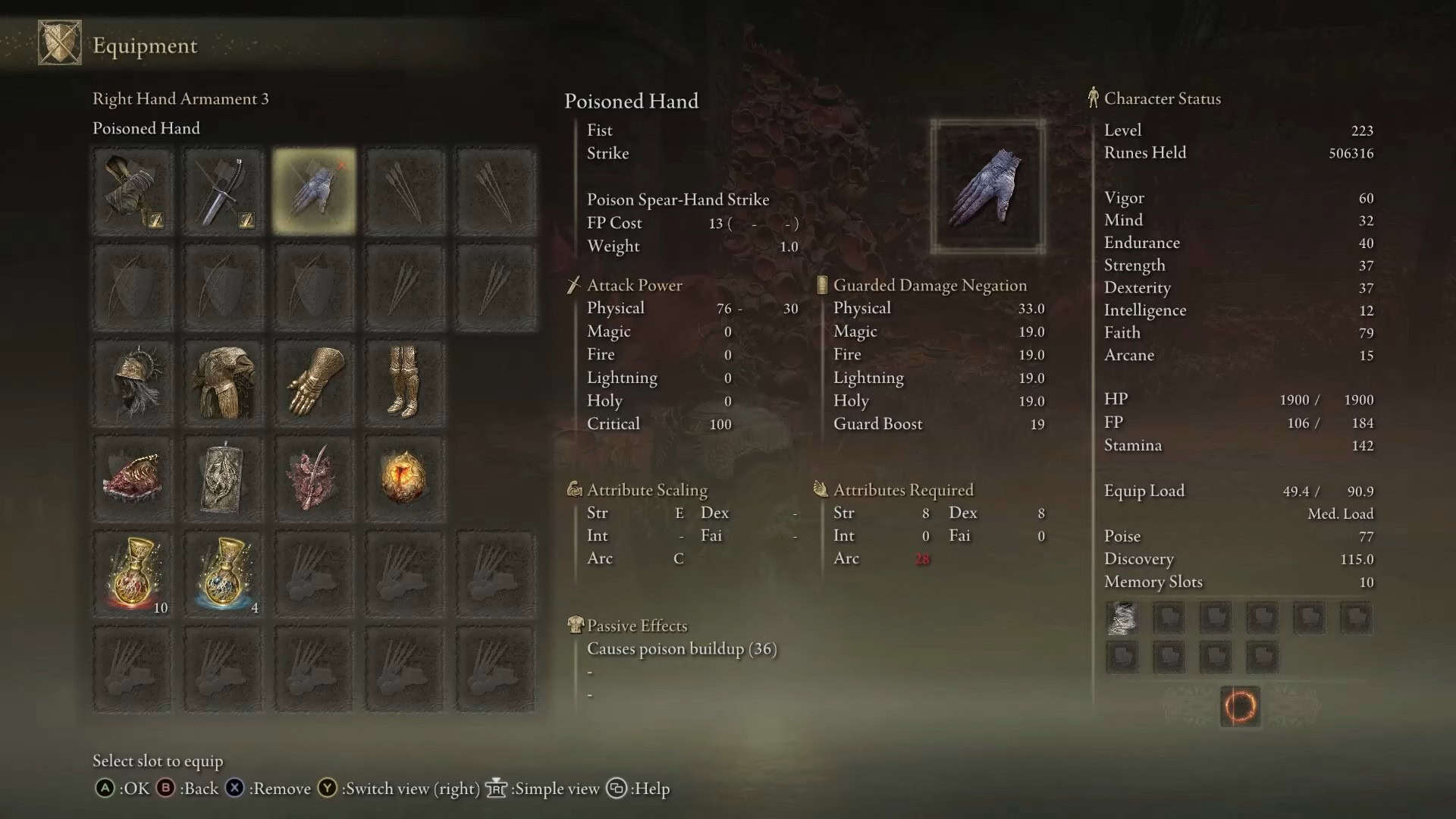 Statistiche a mano avvelenata Ring Elden