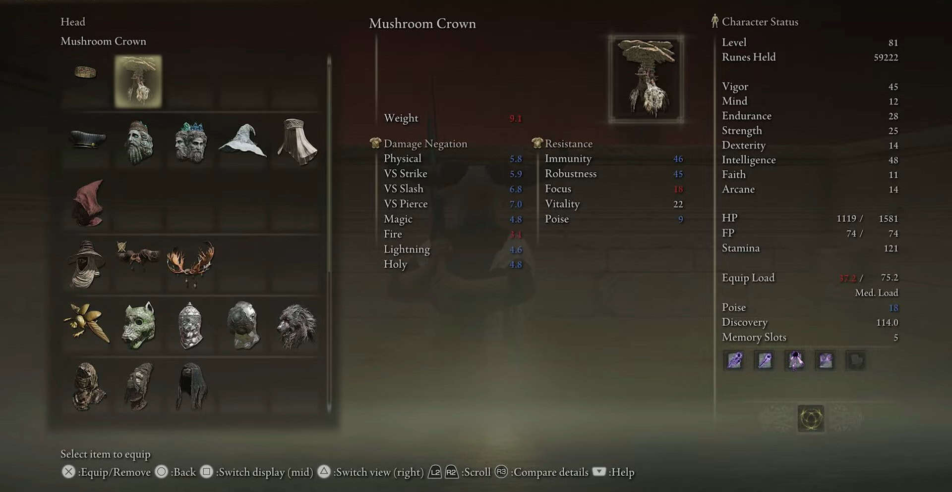 Statistiche della corona di funghi Elden Anello