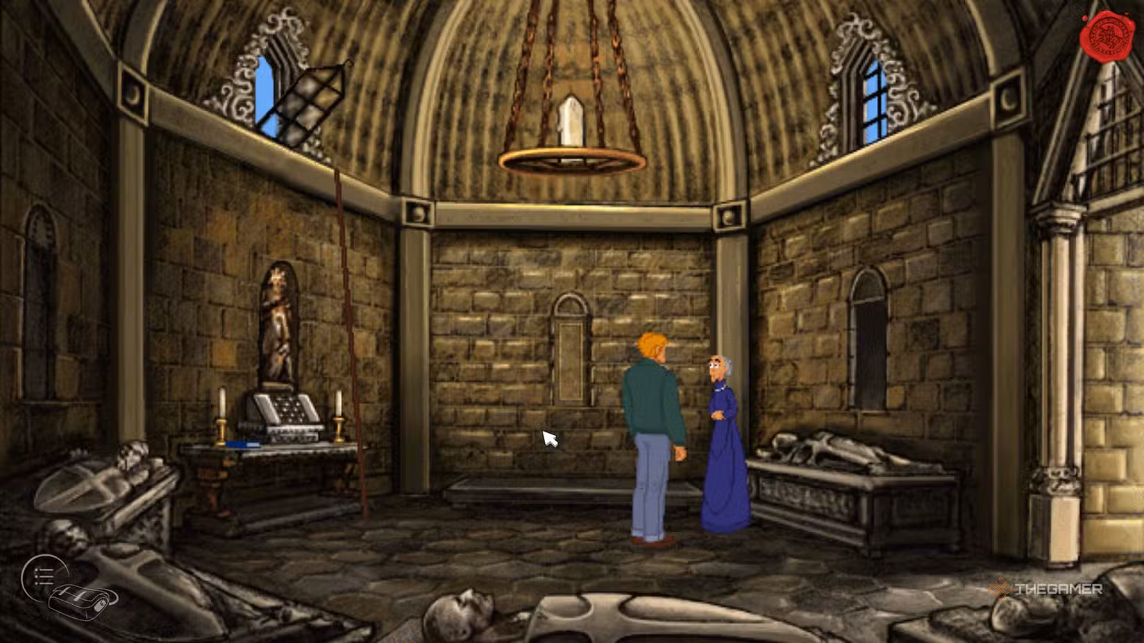 George e la Contessa con la grafica originale della PlayStation in Broken Sword Reforged.