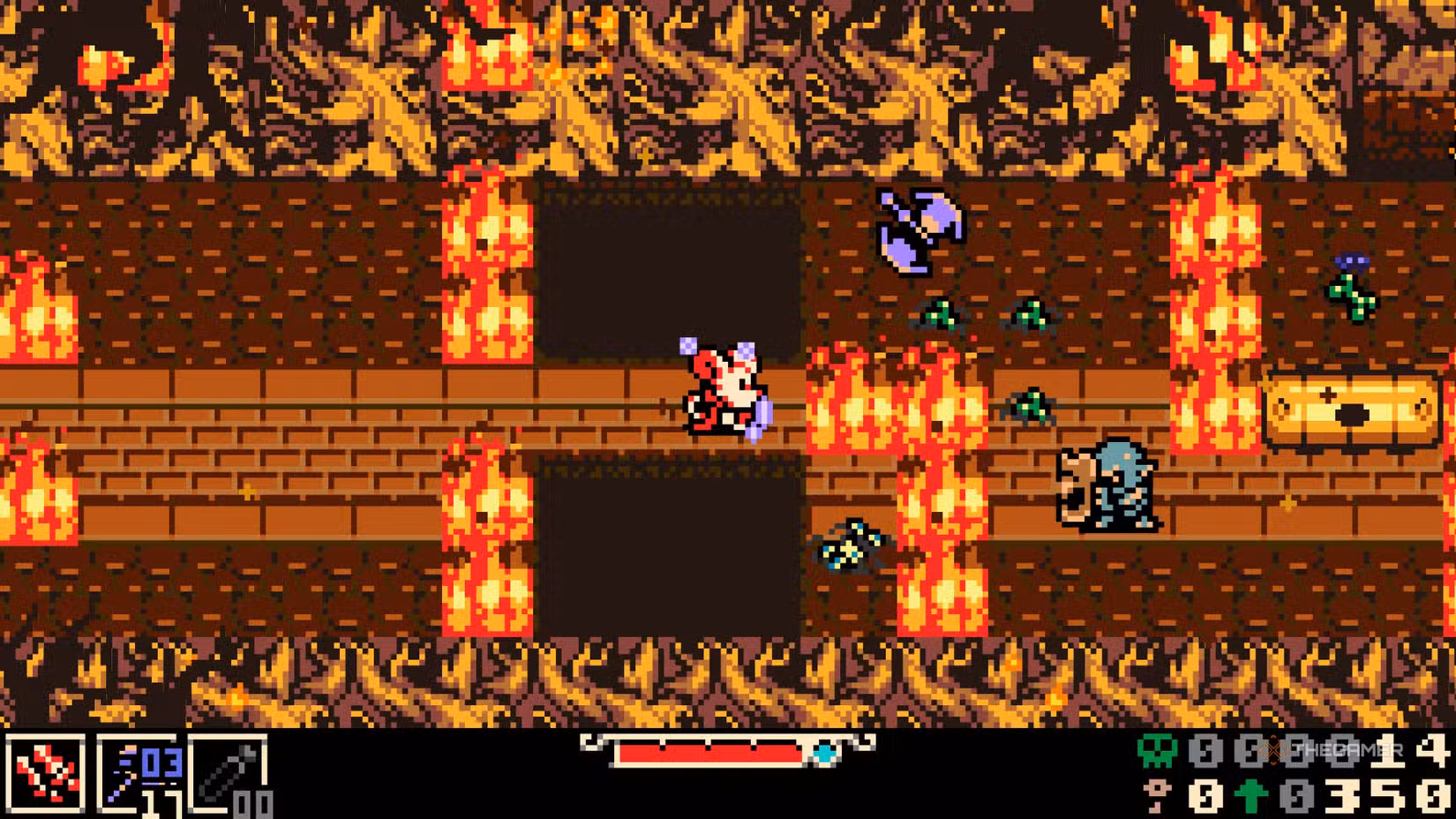 Mina utilizza un Sidearm per colpire un nemico attraverso una parete di fuoco in Mina the Hollower