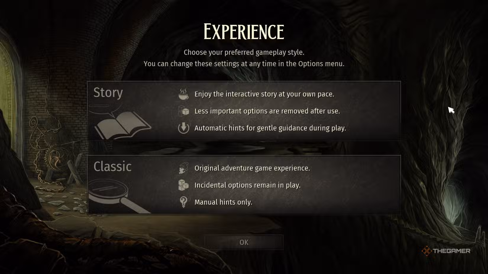 Scelta fra modalità Story o Classic in Broken Sword Reforged.