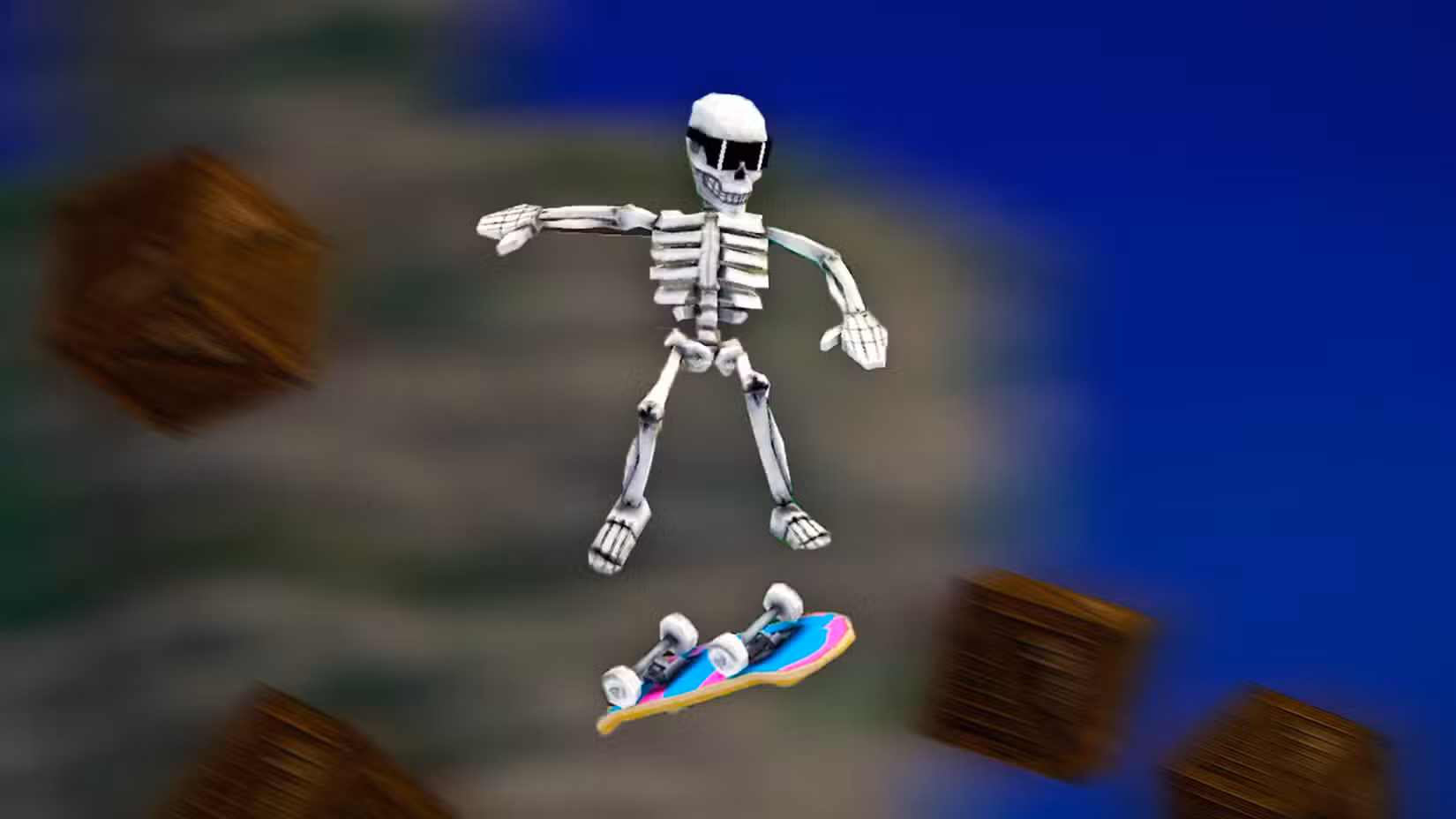 Scena di Megabonk con scheletro su skateboard e esplosioni