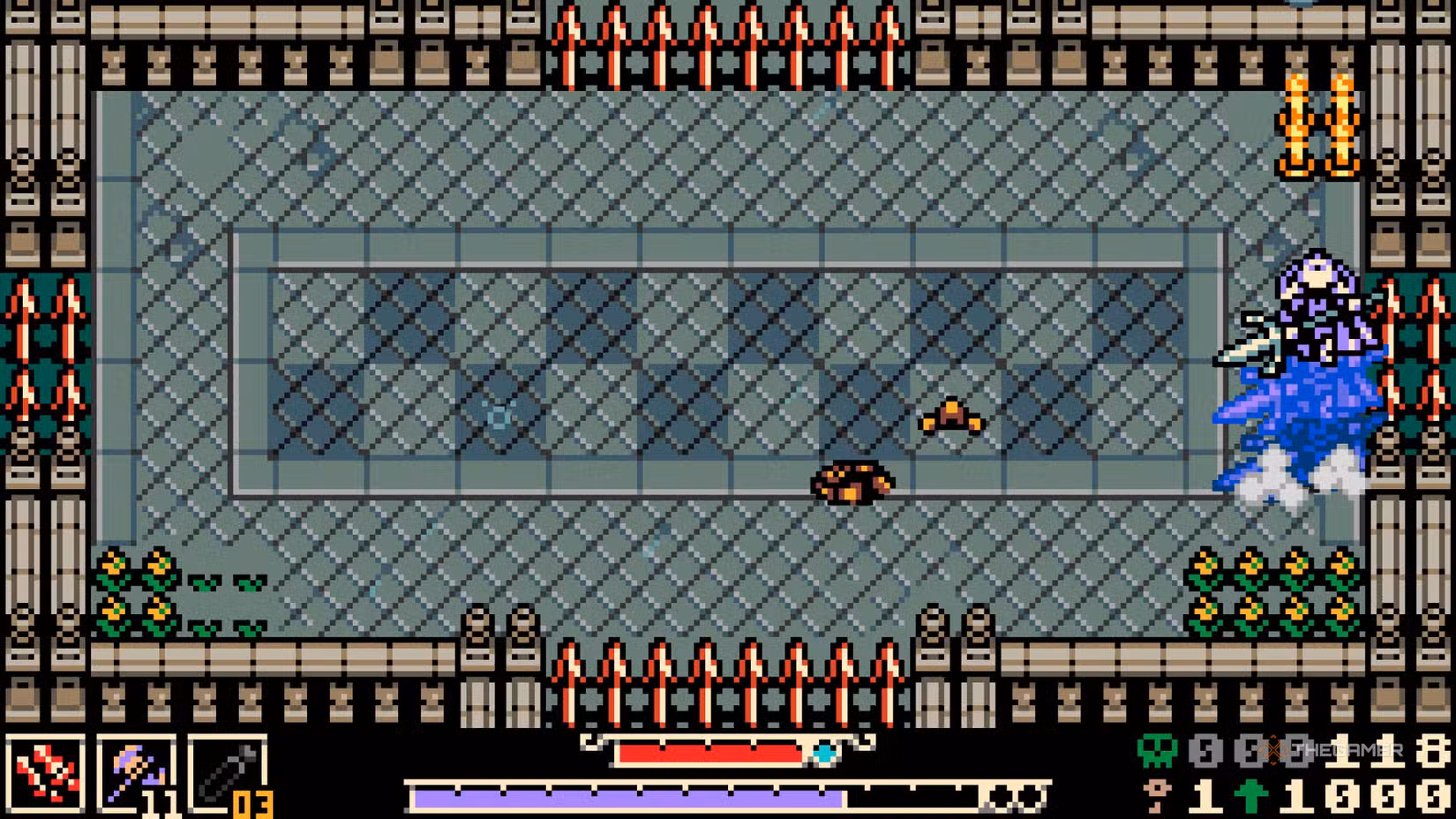 Thorne compie un Super Jump sopra l'arena di Mina the Hollower.
