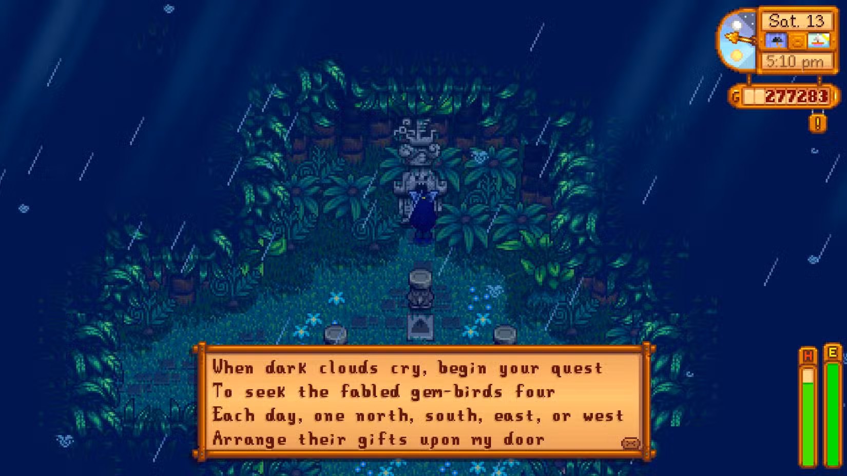 Riddle 'When Dark Clouds Cry' del puzzle Gem Bird in Stardew Valley