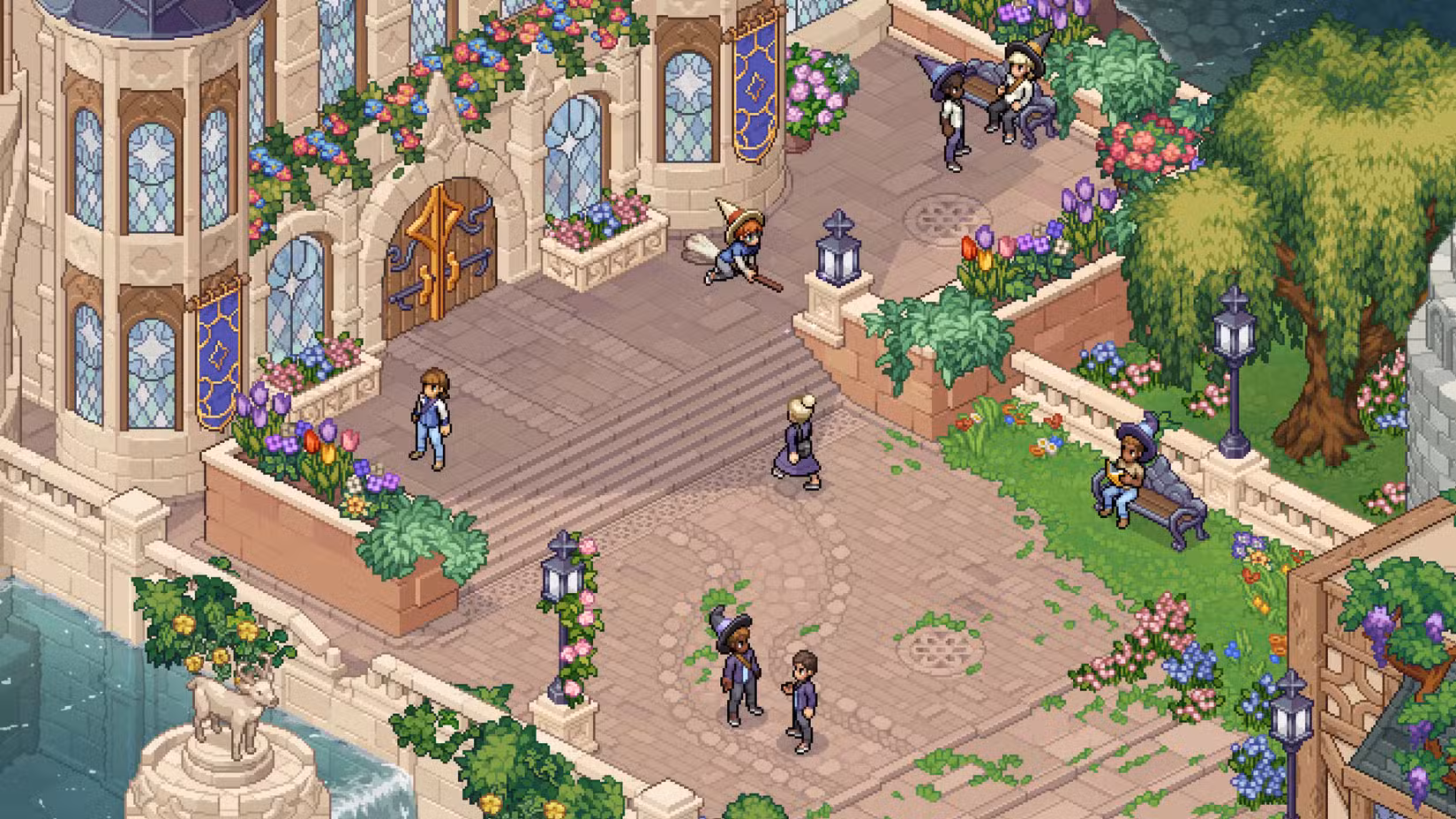 Mondo pixelato con maghi e streghe, uno su una scopa, in Witchbrook