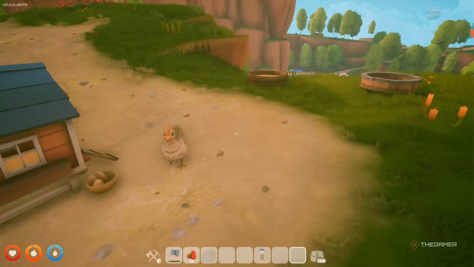 Area animale di Solarpunk con un pollo, dove il grano è usato per il mangime