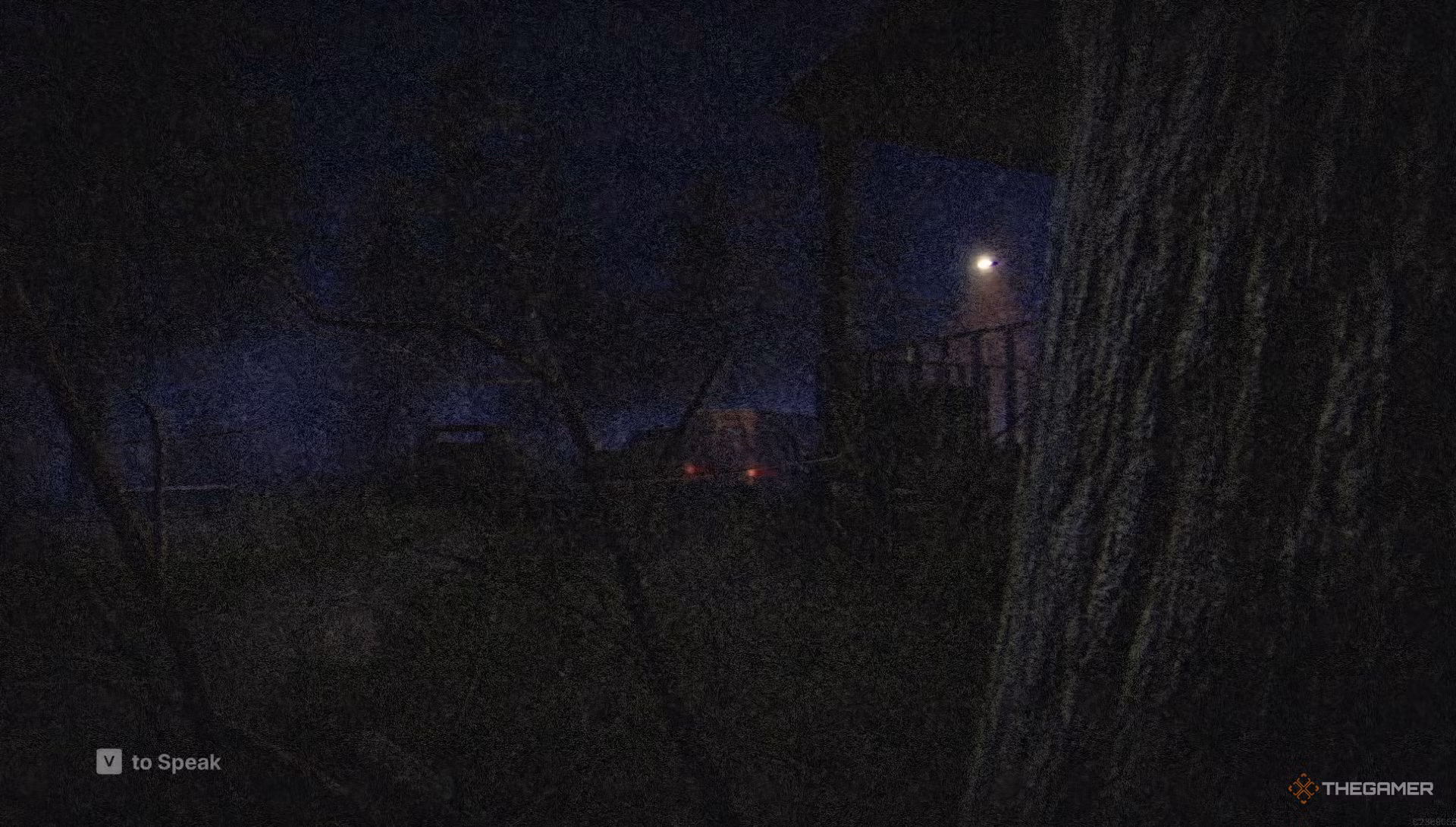 Giocatori nascosti dietro un albero davanti alla casa di Bill