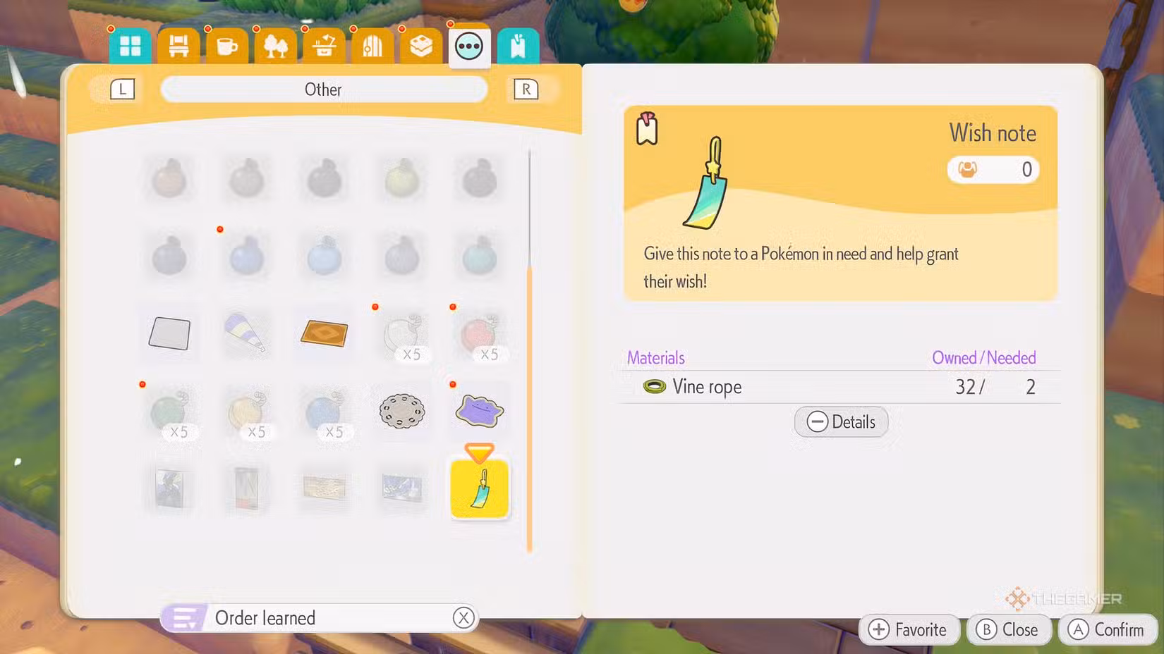 Ricetta della Wish Note mostrata nel gioco