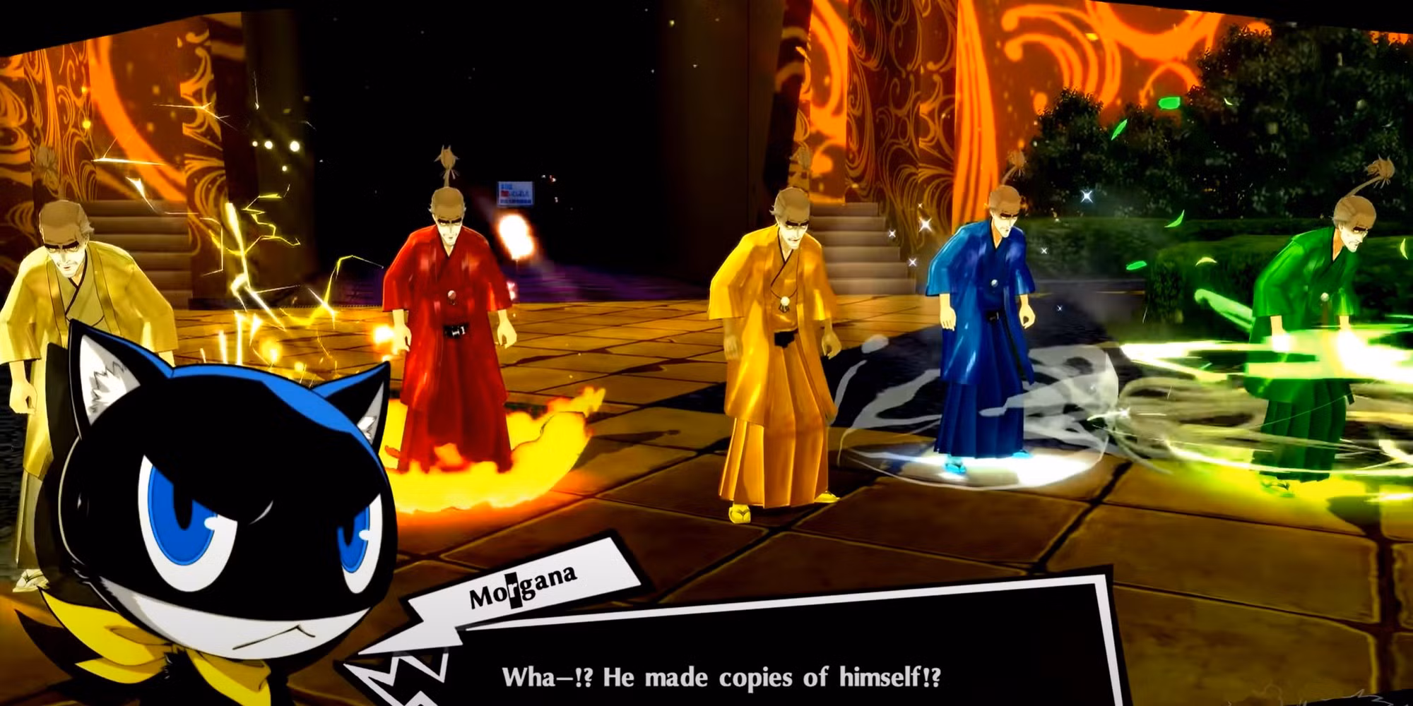 Morgana osserva i cloni Ersatz di Madarame durante la battaglia in Persona 5 Royal